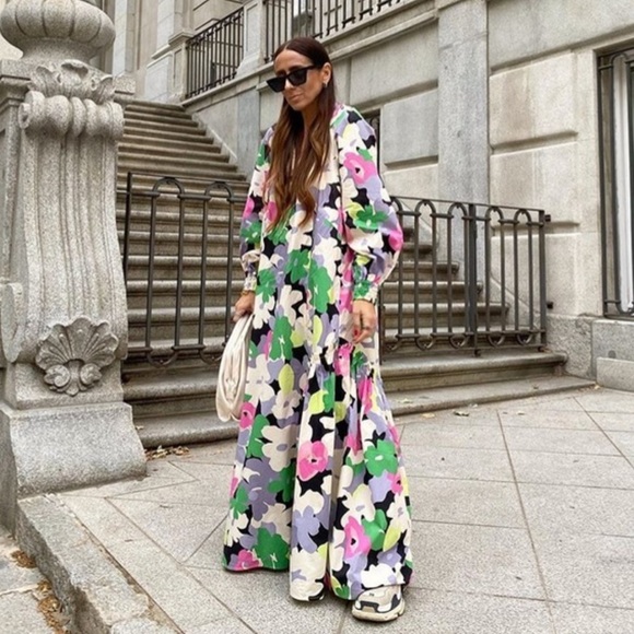 🦋 Bloggers Favorite 🦋 H&M X Rocky Barnes Floral Cotton Kaftan Maxi Dress Sz S - Picture 9 of 16